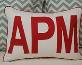 White Standard Sham with Jumbo 3-Letter Red Appliqué with Red Cording